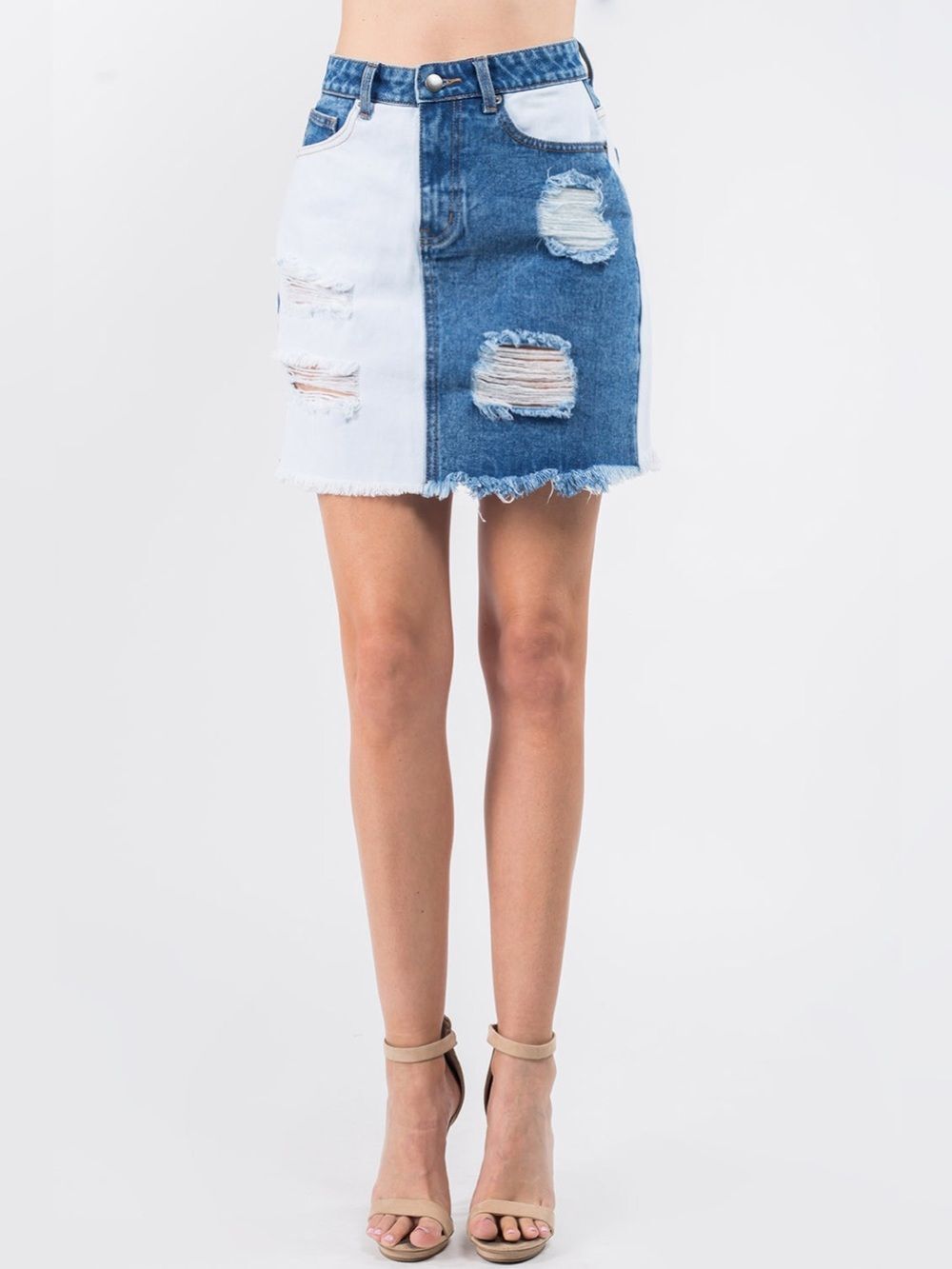 American Bazi Color Block Frayed Denim Distressed Skirt NWT SMALL Contrast
